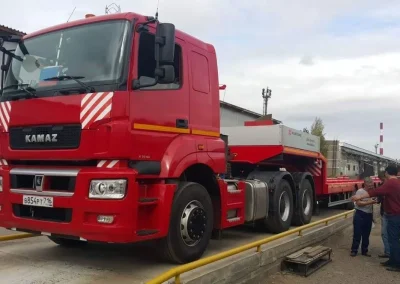 Axle load sensors are installed on truck with leaf spring suspension and 5-axle heavy duty semi trailer with pneumatic suspension